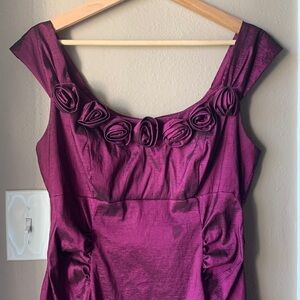 LONDON TIMES Purple Rosette Off the Shoulder Midi Cocktail Dress